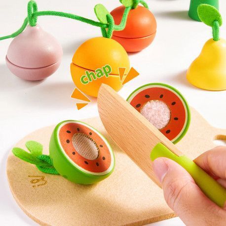Деревянные игрушечные продукты на липучках Набор шнуровка разрезные овощи и фрукты Mideer Toys MD1243 фото